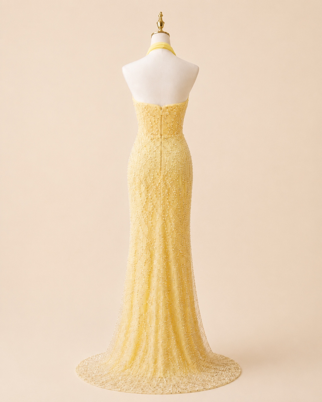 Lemon Yellow Halter Beaded Formal Evening Dress with Tulle Bow Bodice SL132