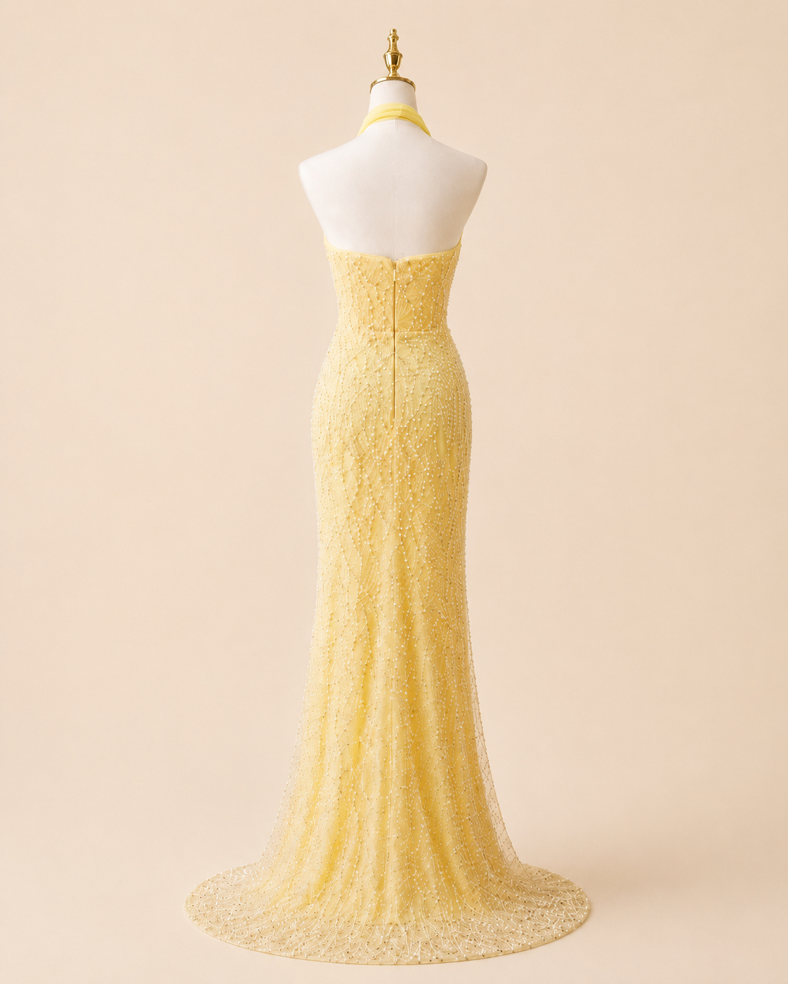 Lemon Yellow Halter Beaded Formal Evening Dress with Tulle Bow Bodice SL132