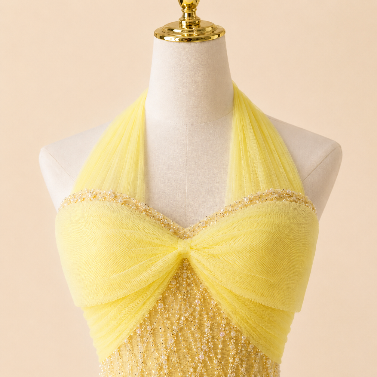 Lemon Yellow Halter Beaded Formal Evening Dress with Tulle Bow Bodice SL132