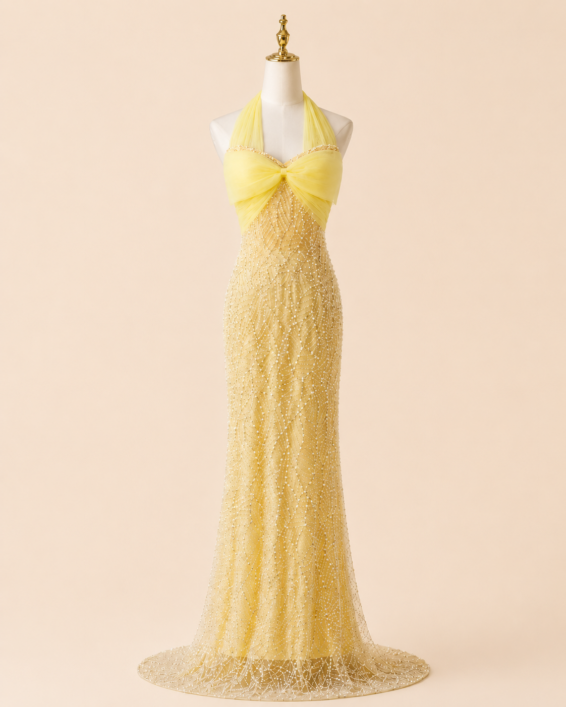Lemon Yellow Halter Beaded Formal Evening Dress with Tulle Bow Bodice SL132