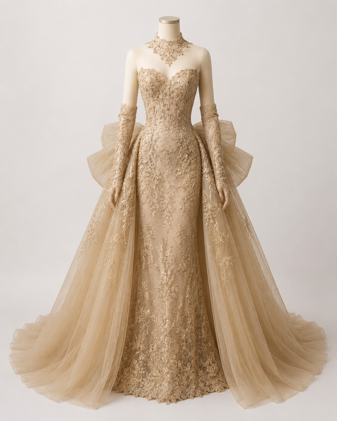 Romantic Gold Evening Dress with Dramatic Tulle Overskir SL142