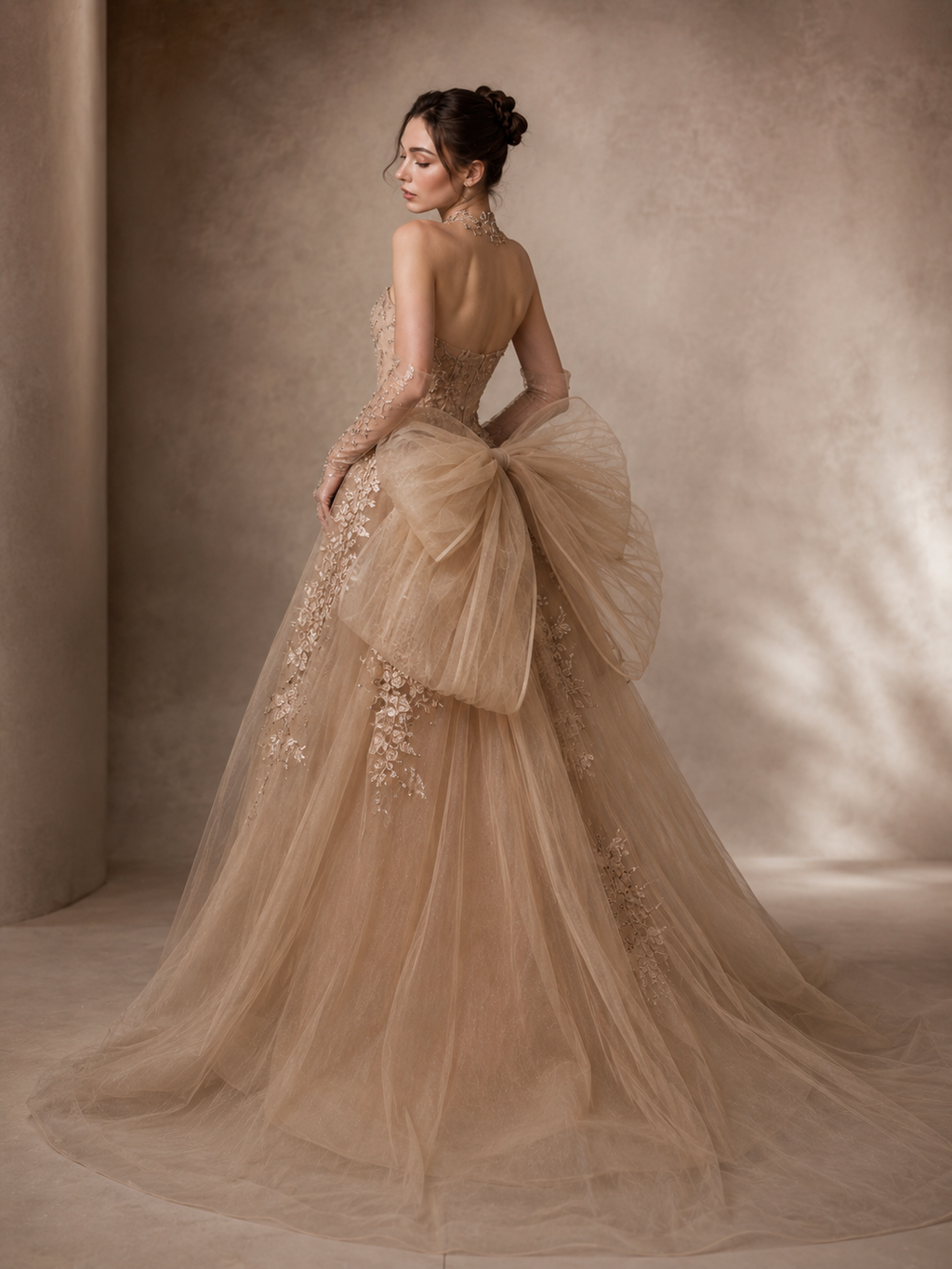 Romantic Gold Evening Dress with Dramatic Tulle Overskir SL142
