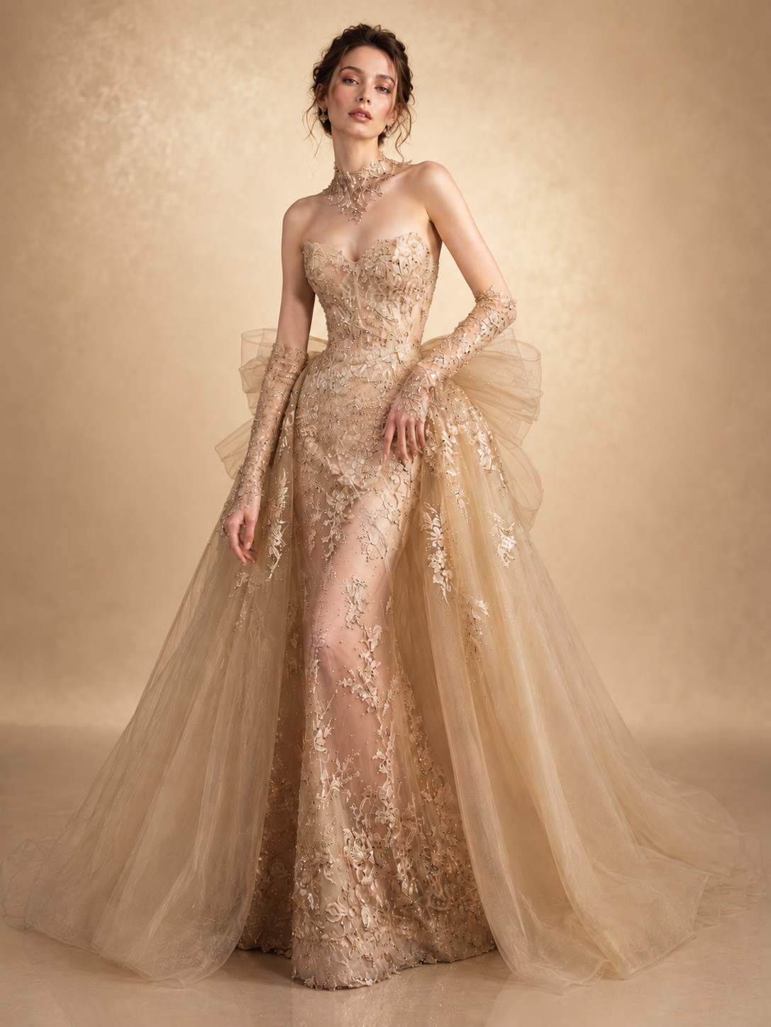 Romantic Gold Evening Dress with Dramatic Tulle Overskir SL142