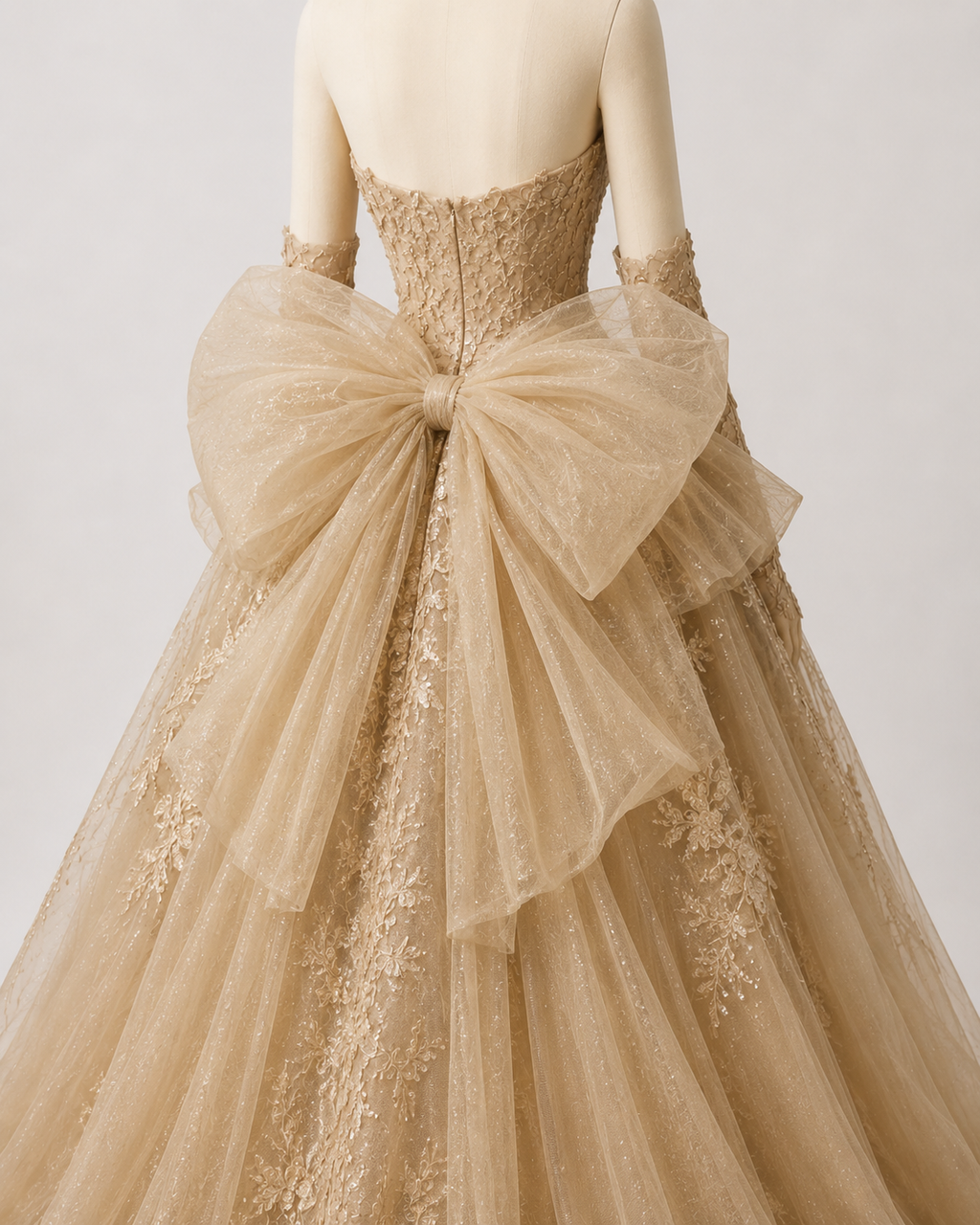 Romantic Gold Evening Dress with Dramatic Tulle Overskir SL142