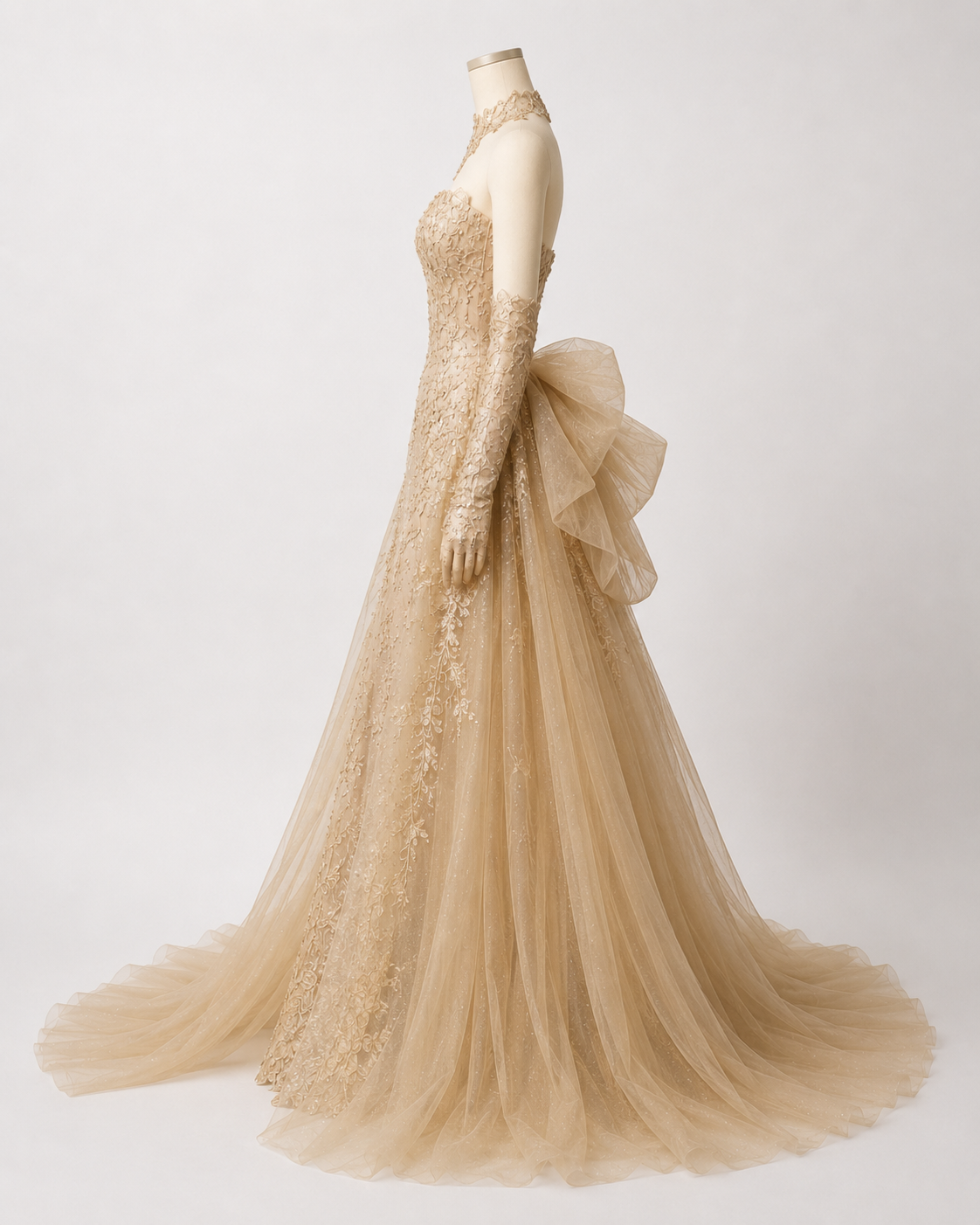 Romantic Gold Evening Dress with Dramatic Tulle Overskir SL142