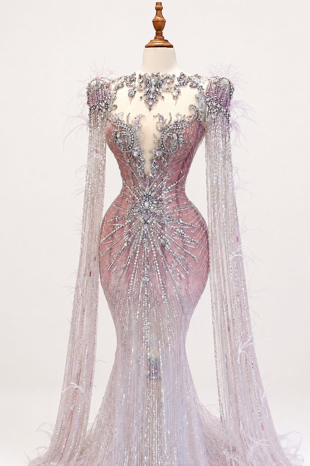 Sparkling Pink Mermaid Dress with Feather Details with Sheer Cape Sleeves SL143