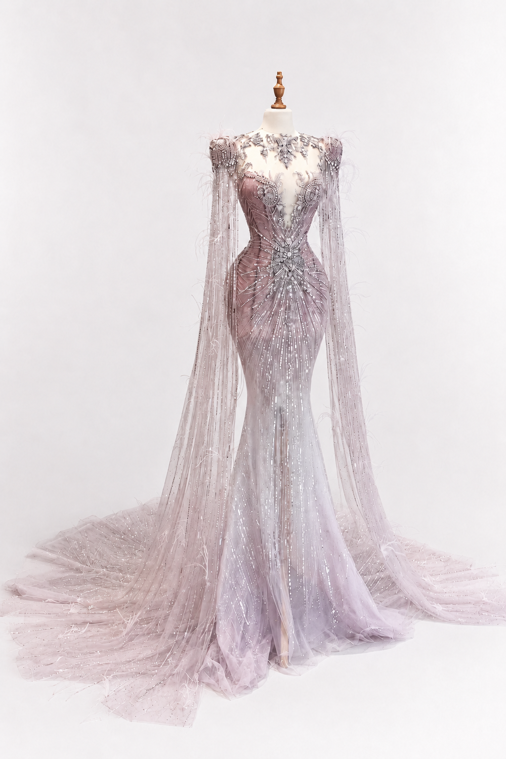 Sparkling Pink Mermaid Dress with Feather Details with Sheer Cape Sleeves SL143