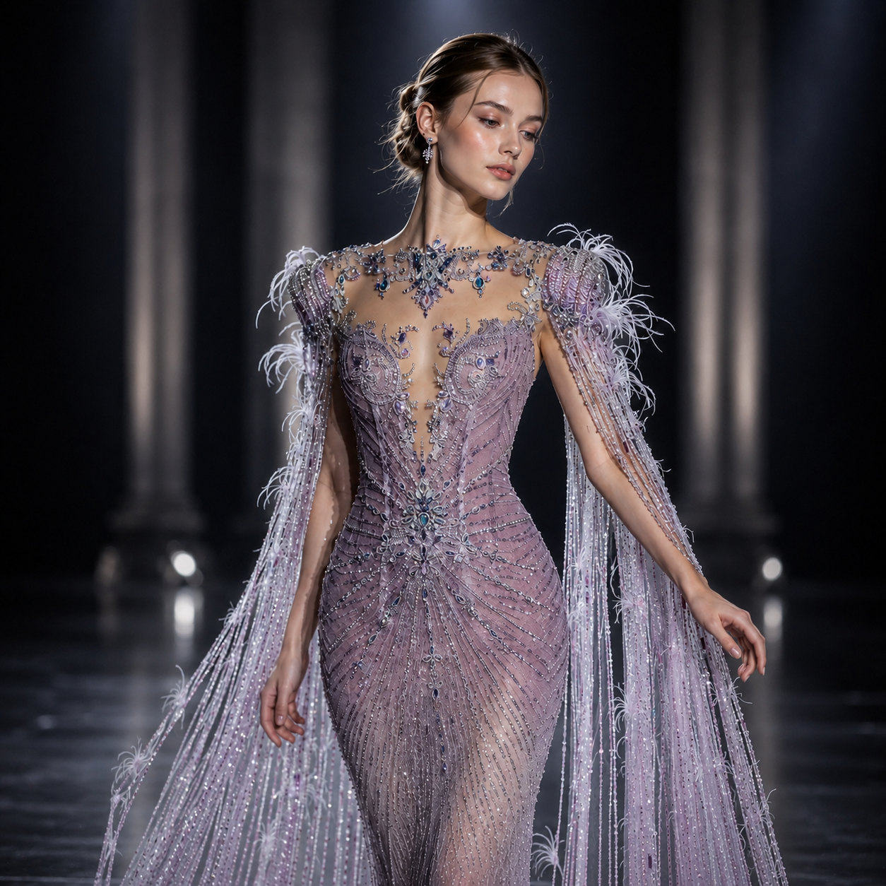Sparkling Pink Mermaid Dress with Feather Details with Sheer Cape Sleeves SL143