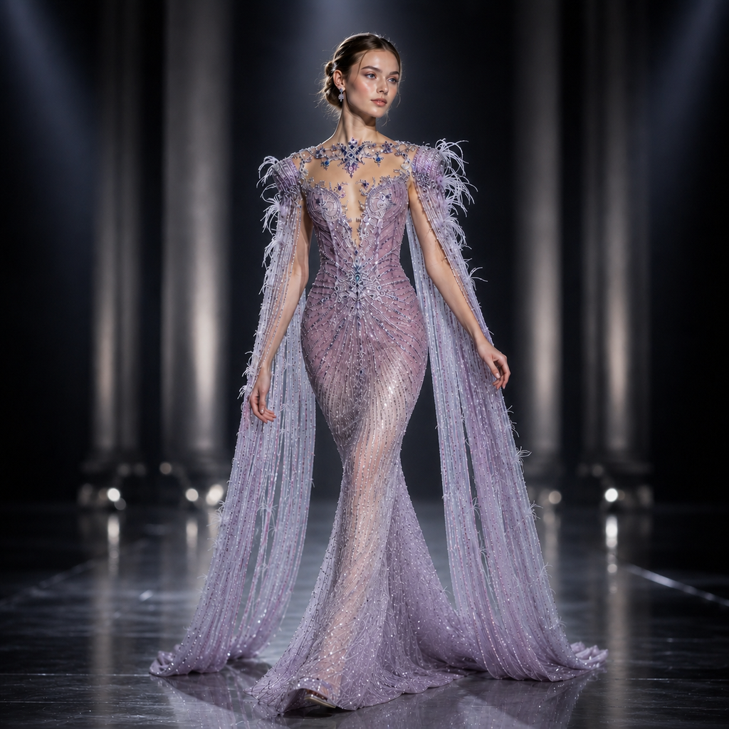 Sparkling Pink Mermaid Dress with Feather Details with Sheer Cape Sleeves SL143