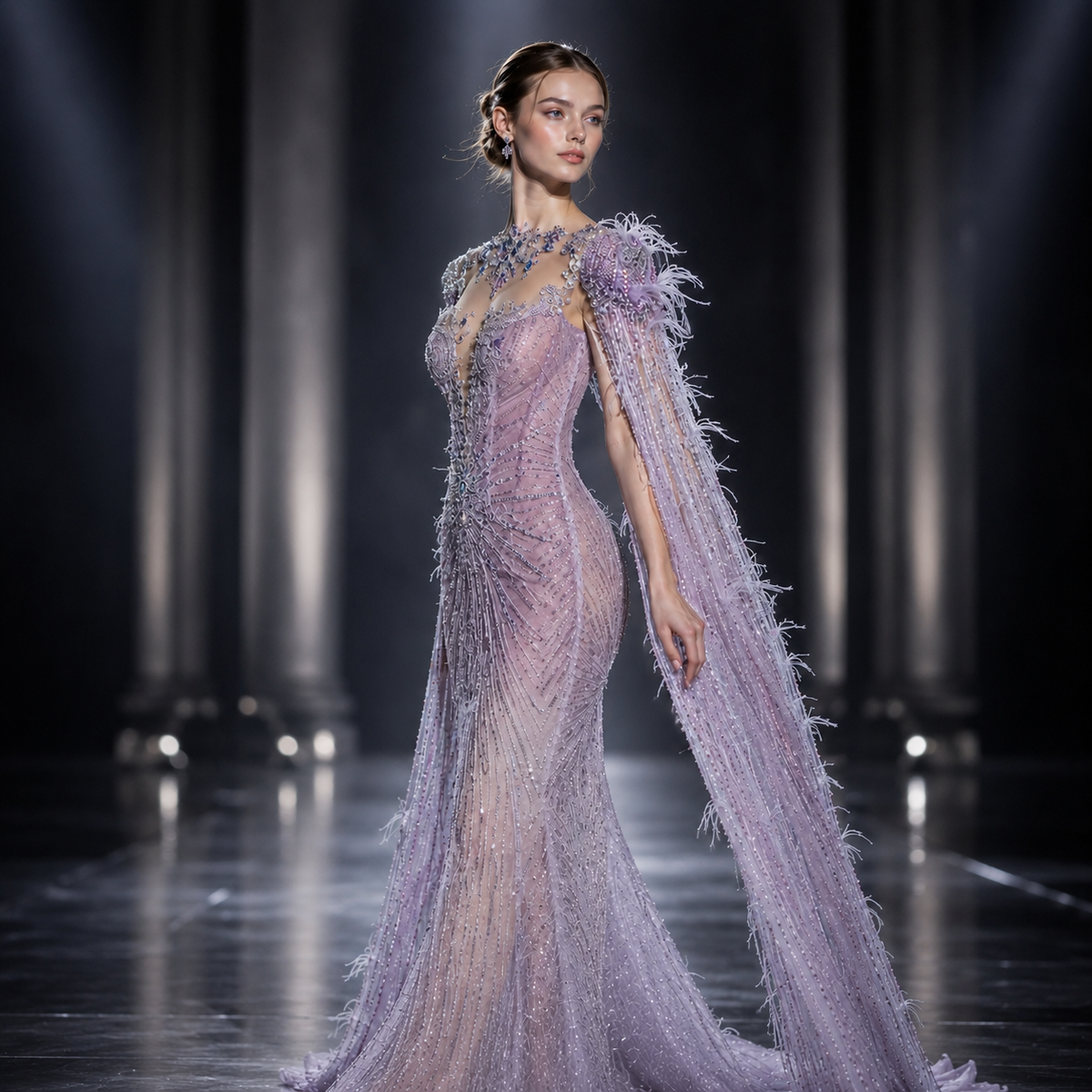 Sparkling Pink Mermaid Dress with Feather Details with Sheer Cape Sleeves SL143