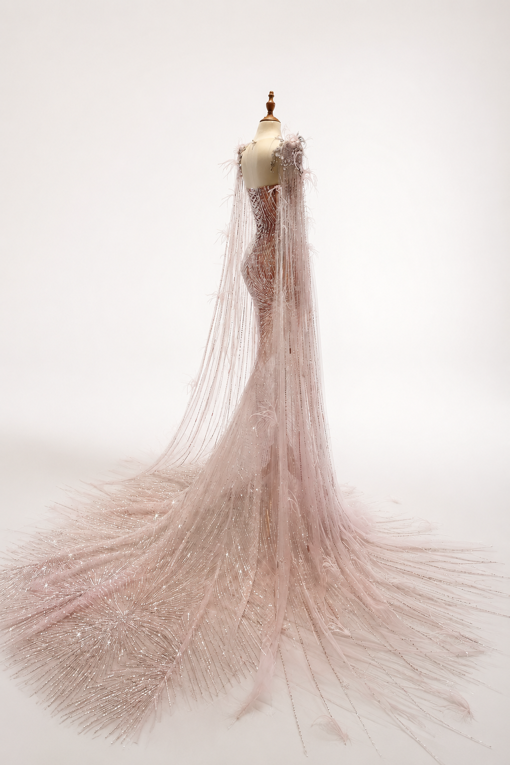 Sparkling Pink Mermaid Dress with Feather Details with Sheer Cape Sleeves SL143