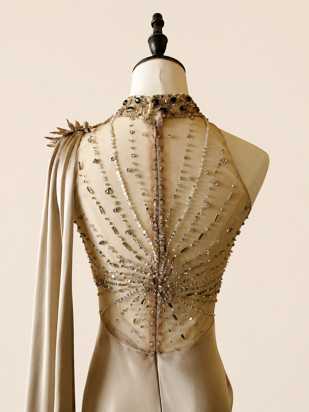 Elegant Champagne Beaded Neckline Evening Dress with Cape SL144