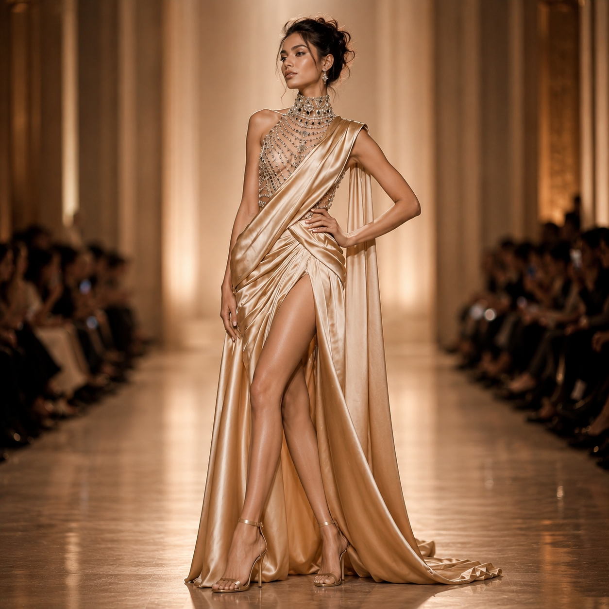 Elegant Champagne Beaded Neckline Evening Dress with Cape SL144