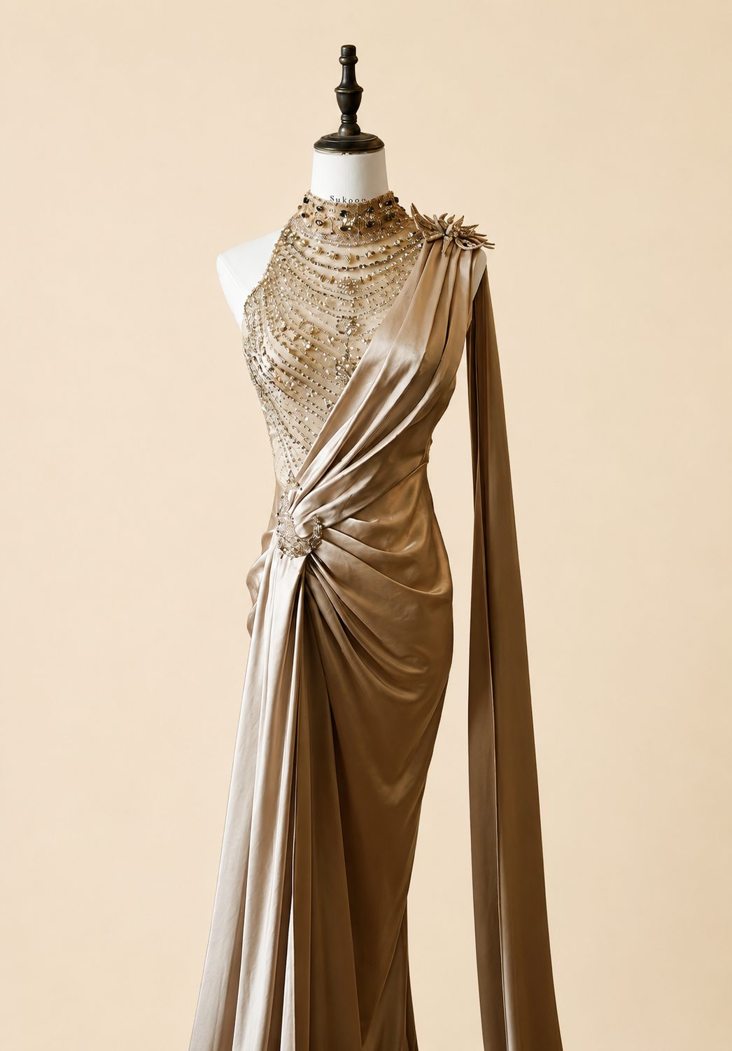 Elegant Champagne Beaded Neckline Evening Dress with Cape SL144