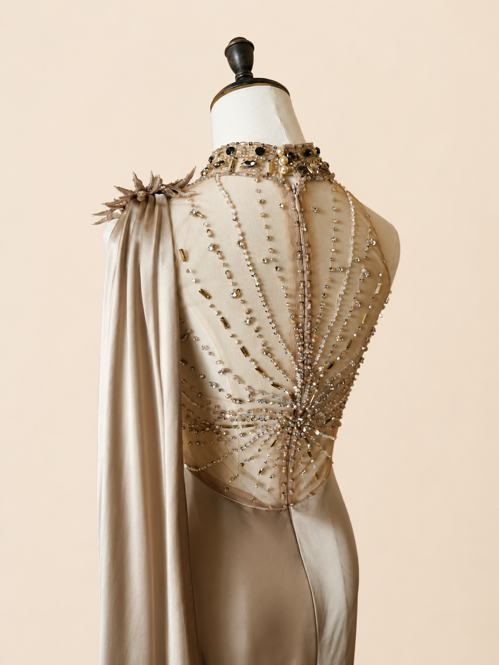 Elegant Champagne Beaded Neckline Evening Dress with Cape SL144