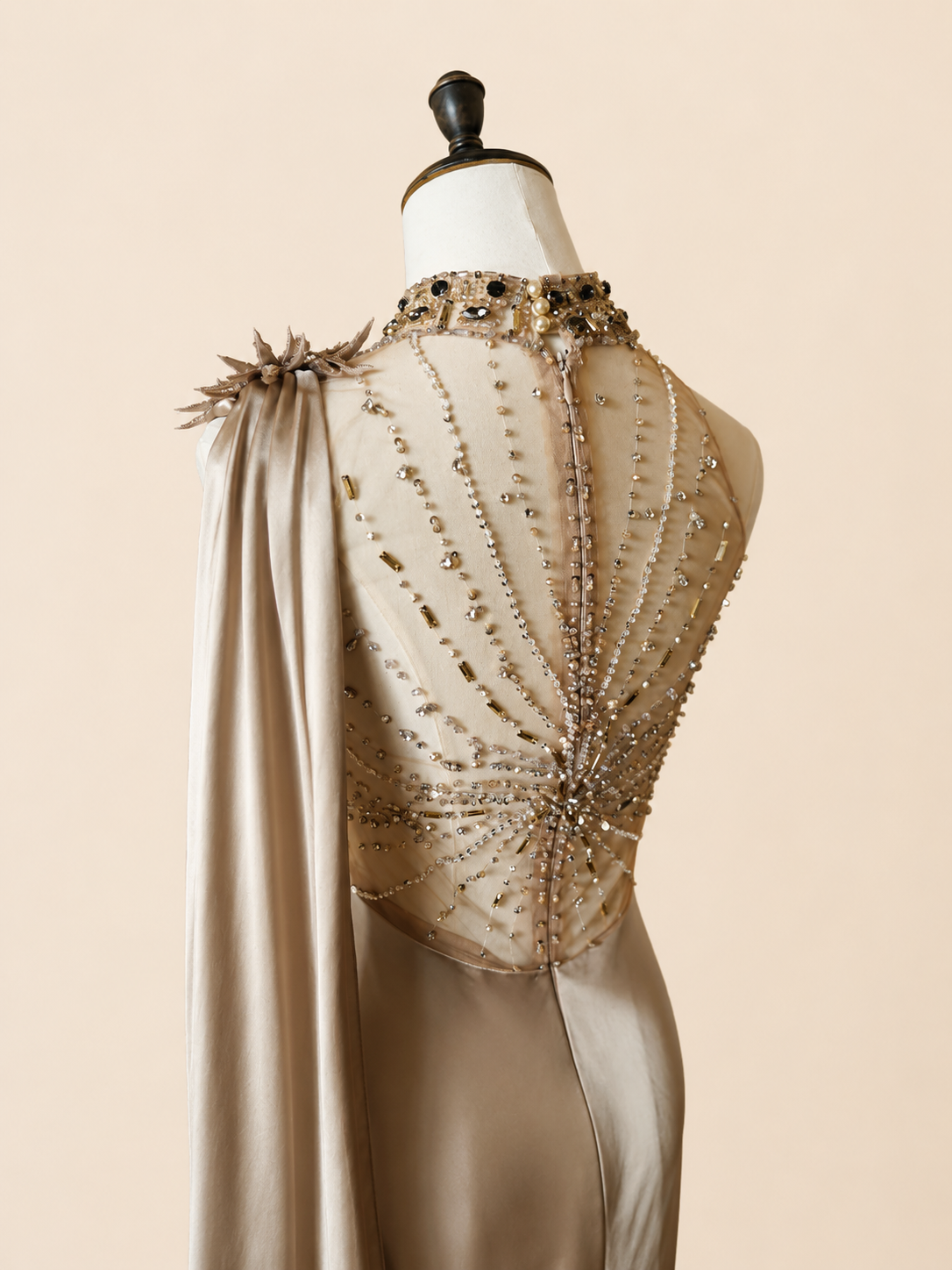 Elegant Champagne Beaded Neckline Evening Dress with Cape SL144