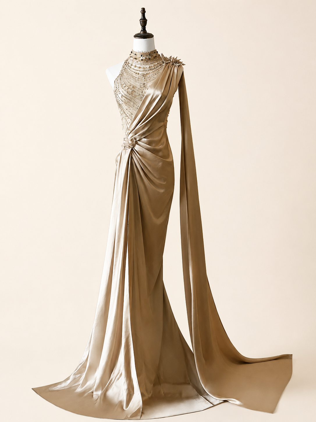 Elegant Champagne Beaded Neckline Evening Dress with Cape SL144