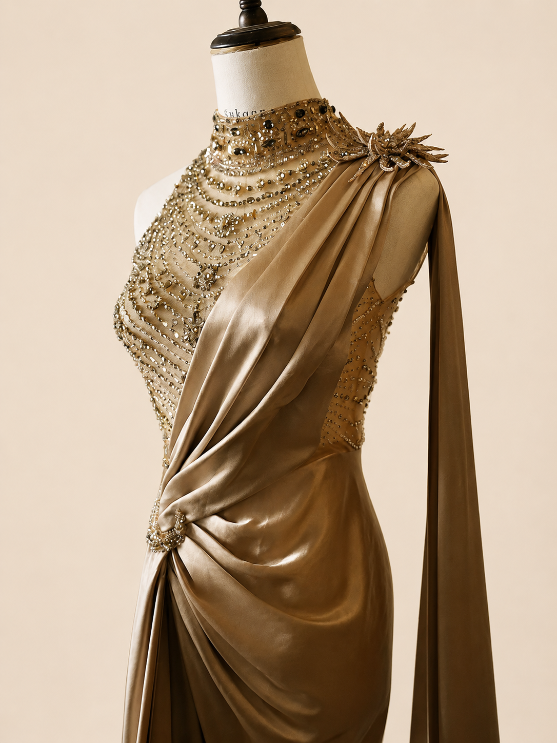 Elegant Champagne Beaded Neckline Evening Dress with Cape SL144