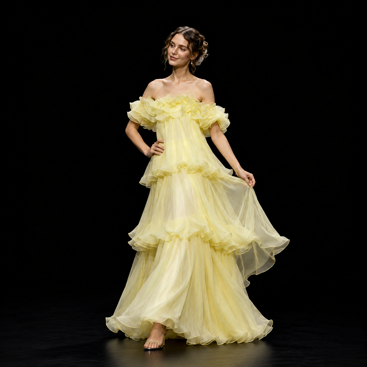 Romantic Pastel Yellow Tulle Evening Dress with Soft Ruffles SL145