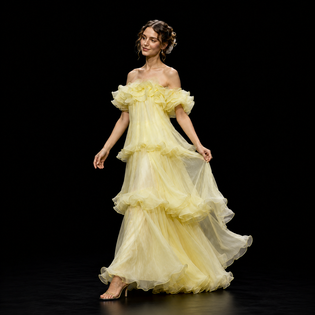 Romantic Pastel Yellow Tulle Evening Dress with Soft Ruffles SL145