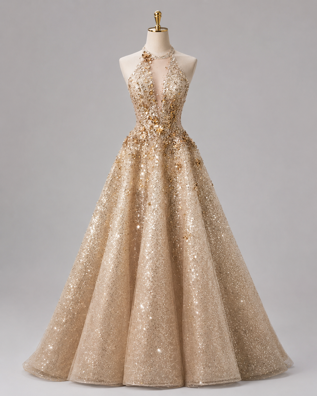Luxury Gold Glitter Ball Gown Halter Neck Prom Dress SL153
