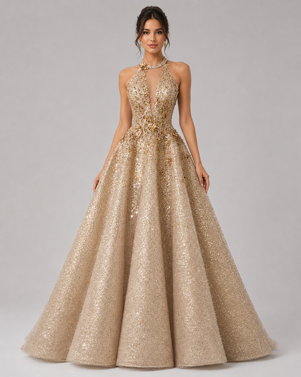 Luxury Gold Glitter Ball Gown Halter Neck Prom Dress SL153