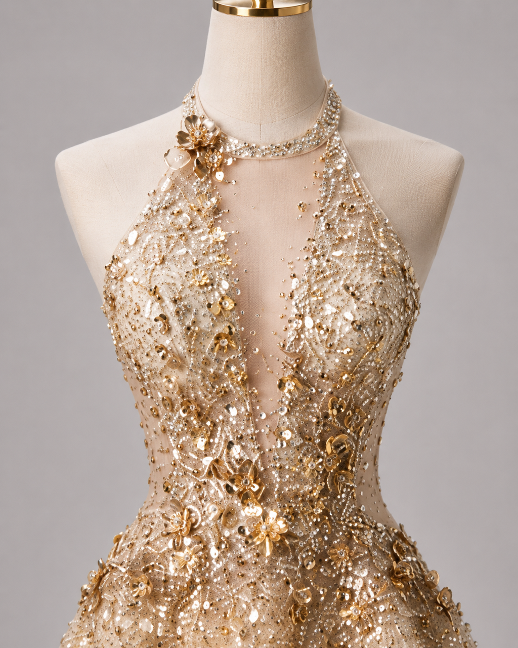 Luxury Gold Glitter Ball Gown Halter Neck Prom Dress SL153