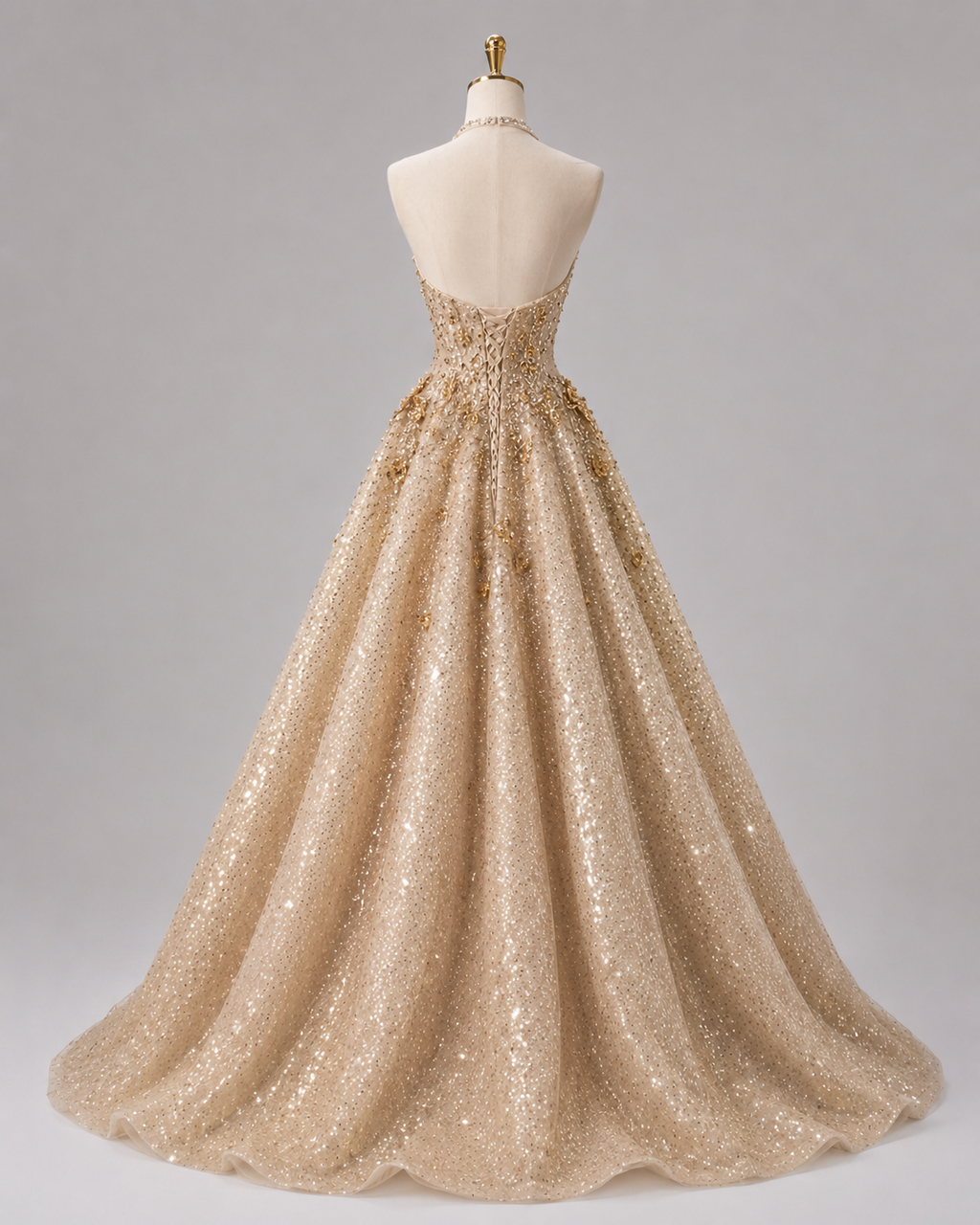 Luxury Gold Glitter Ball Gown Halter Neck Prom Dress SL153