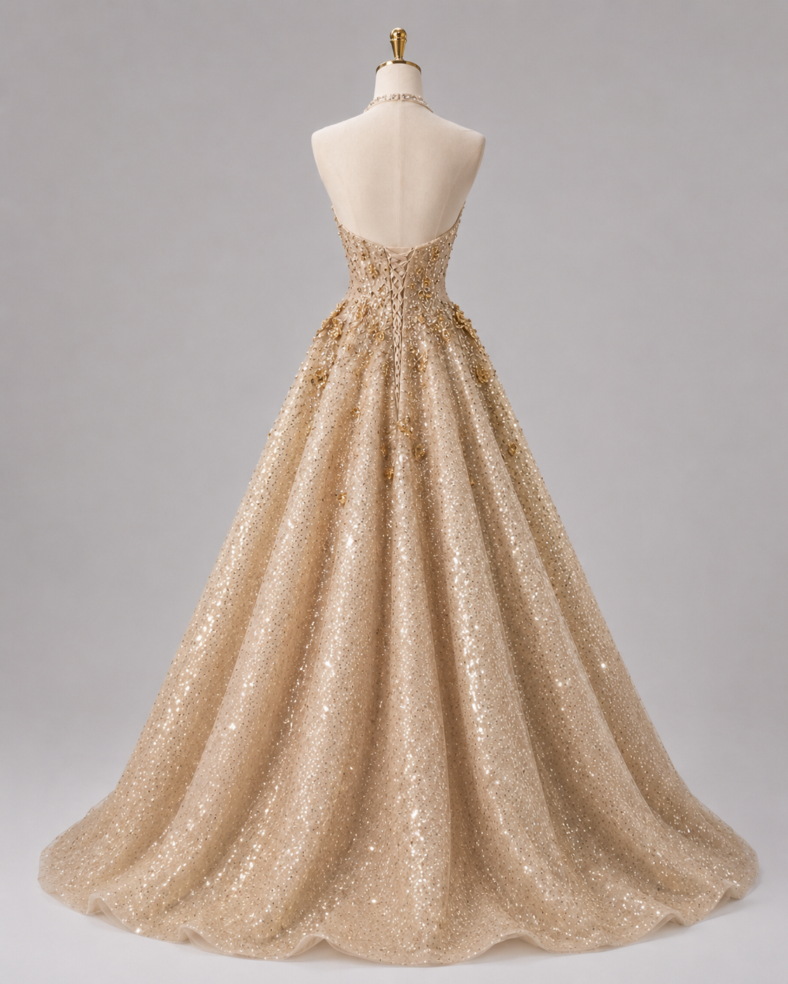 Luxury Gold Glitter Ball Gown Halter Neck Prom Dress SL153
