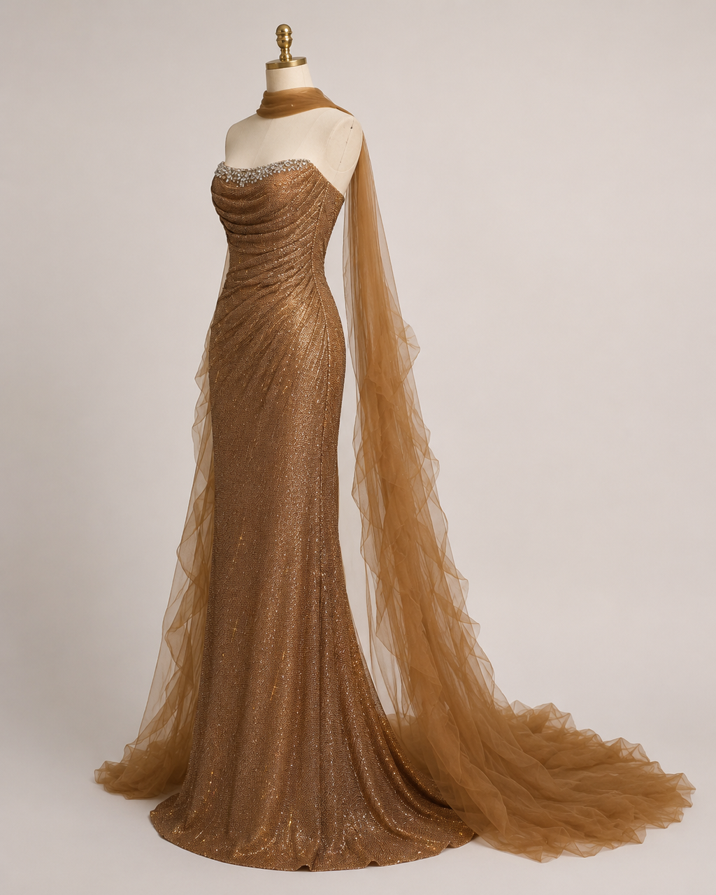 Elegant Gold Mermaid Evening Dress with Detachable Tulle Train SL154