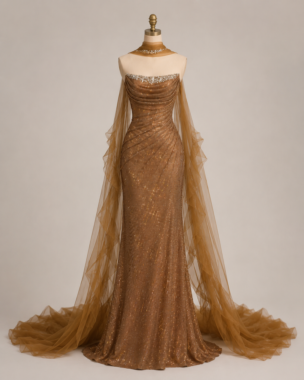 Elegant Gold Mermaid Evening Dress with Detachable Tulle Train SL154