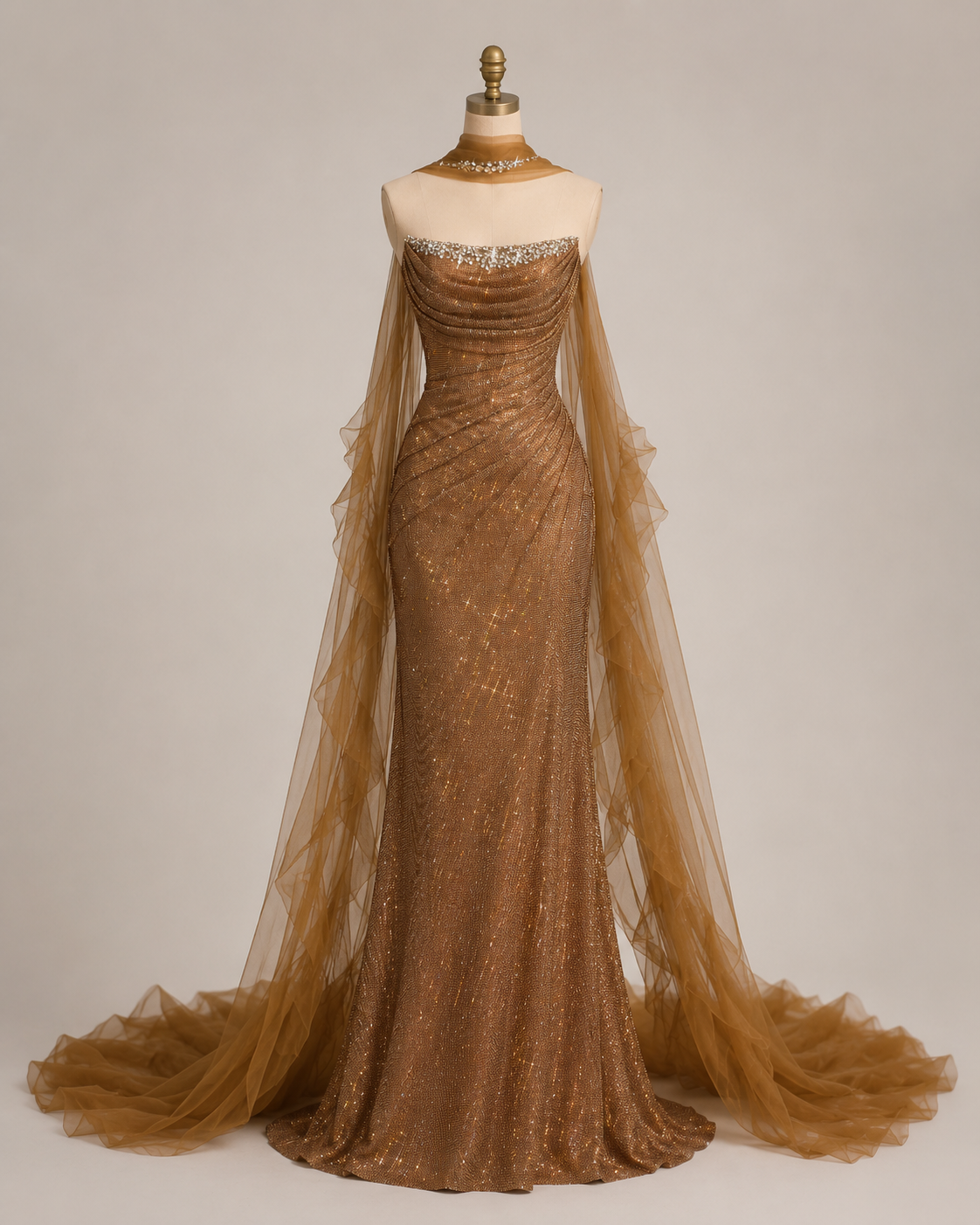 Elegant Gold Mermaid Evening Dress with Detachable Tulle Train SL154