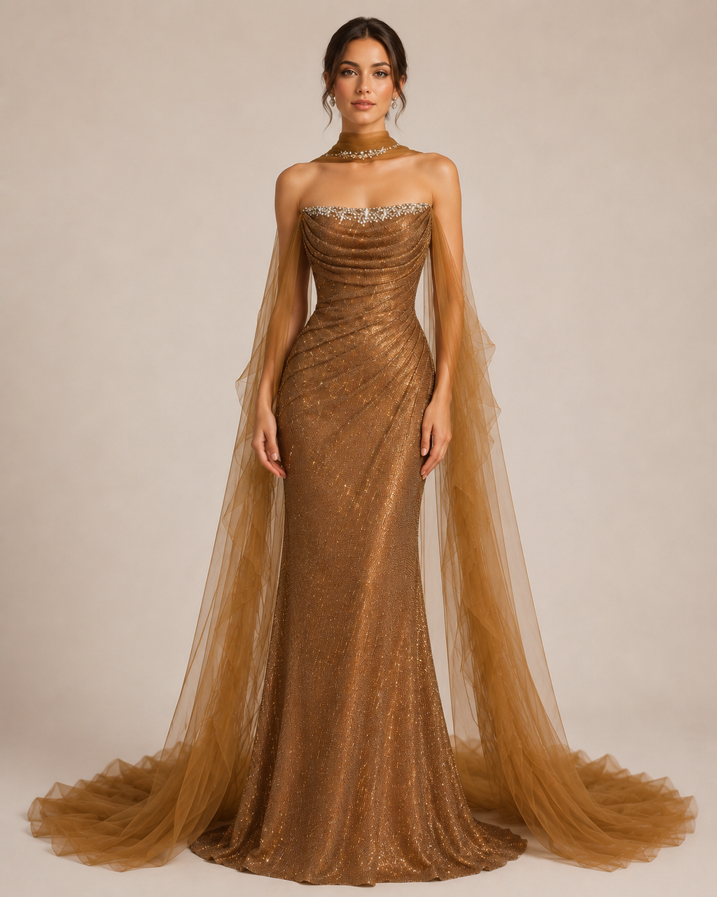 Elegant Gold Mermaid Evening Dress with Detachable Tulle Train SL154