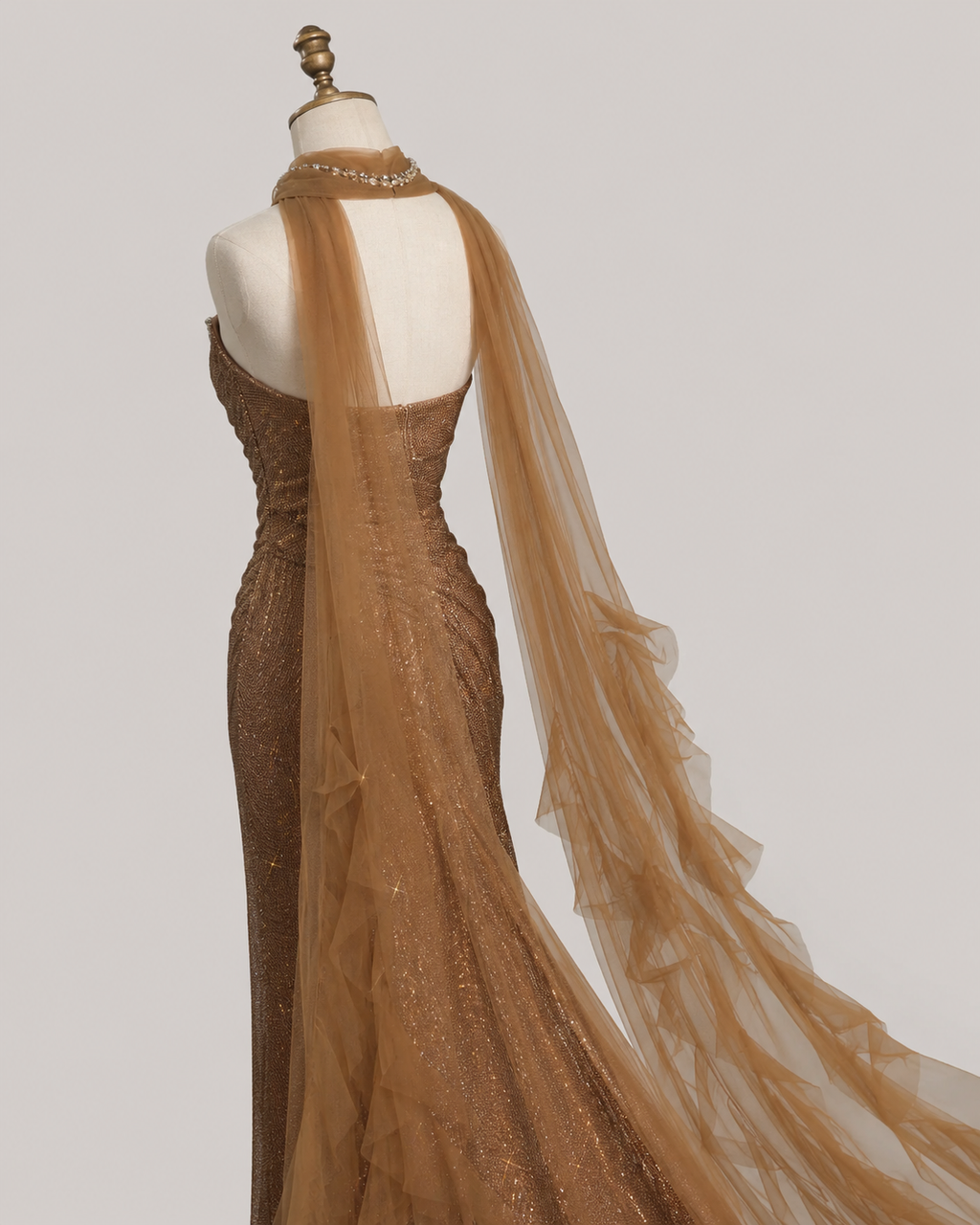 Elegant Gold Mermaid Evening Dress with Detachable Tulle Train SL154