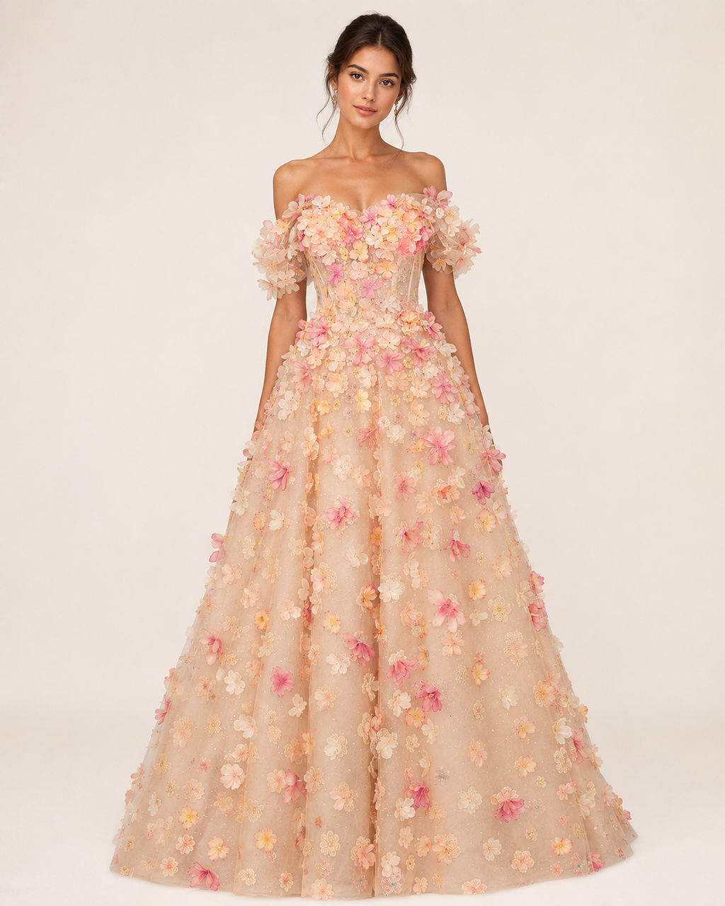 Luxury 3D Floral Ball Gown Romantic Off-Shoulder Princess Prom Dress SL156