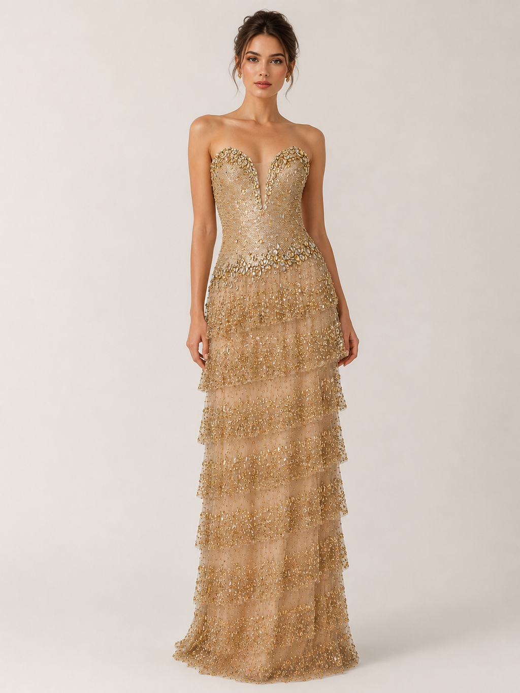 Elegant Gold Crystal Mermaid Evening Dress Sweetheart Neck Formal Gown SL158