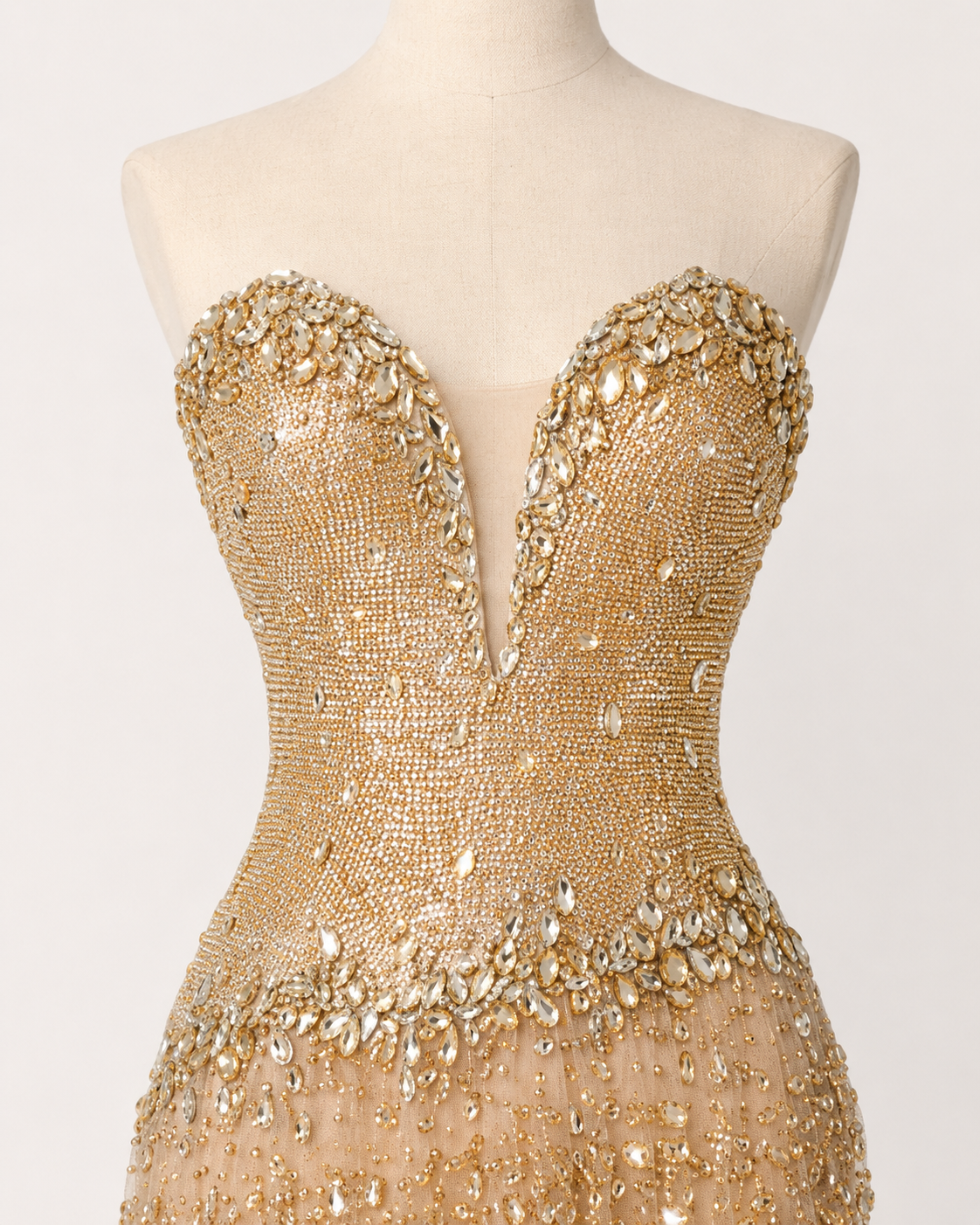 Elegant Gold Crystal Mermaid Evening Dress Sweetheart Neck Formal Gown SL158