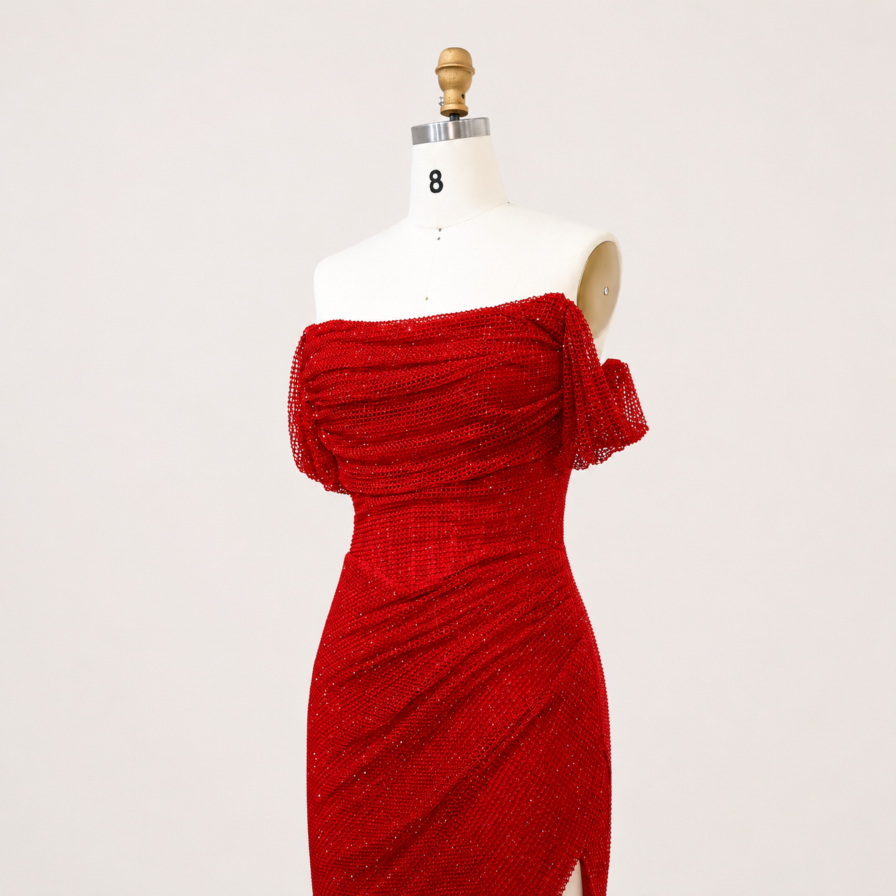 Sparkling Red Off-Shoulder Evening Dress with Side Slit SL162