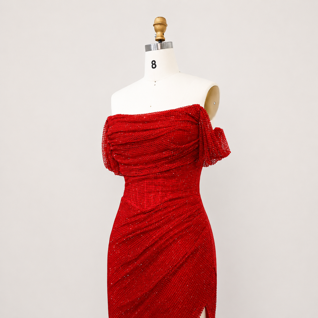 Sparkling Red Off-Shoulder Evening Dress with Side Slit SL162