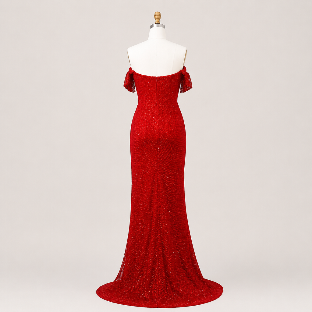 Sparkling Red Off-Shoulder Evening Dress with Side Slit SL162