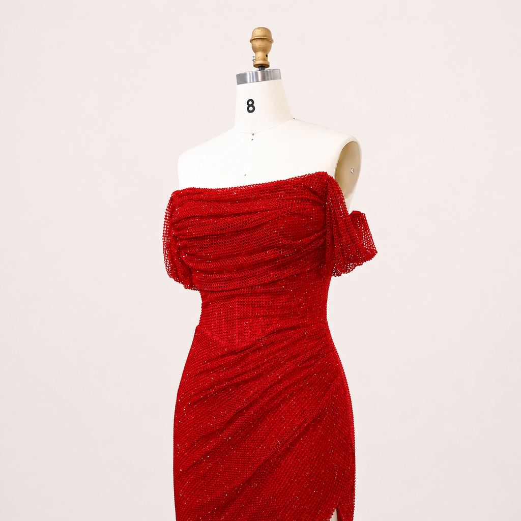 Sparkling Red Off-Shoulder Evening Dress with Side Slit SL162