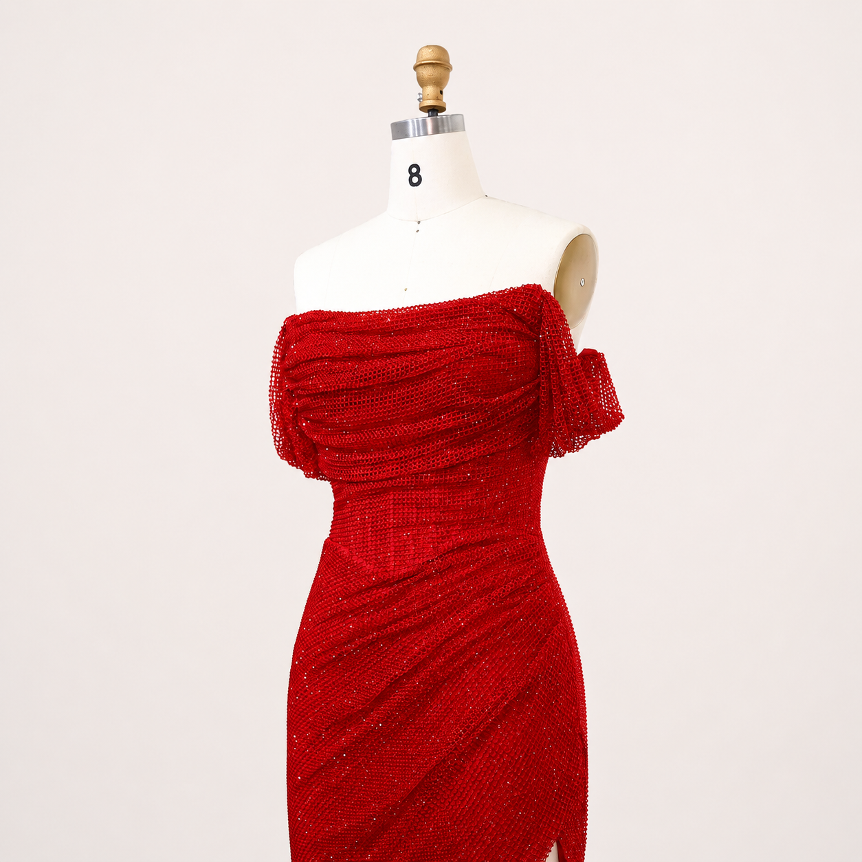 Sparkling Red Off-Shoulder Evening Dress with Side Slit SL162