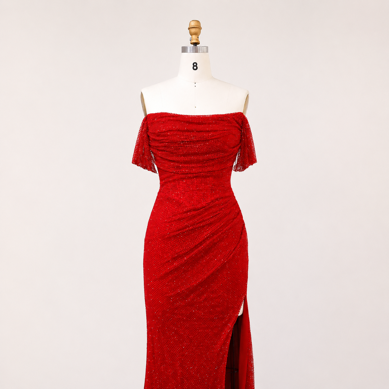 Sparkling Red Off-Shoulder Evening Dress with Side Slit SL162