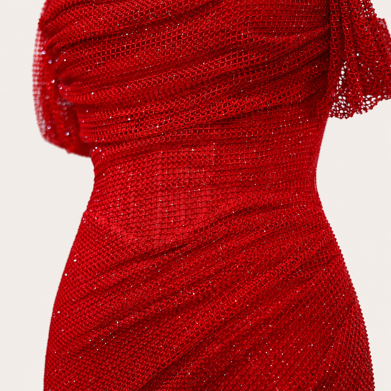 Sparkling Red Off-Shoulder Evening Dress with Side Slit SL162