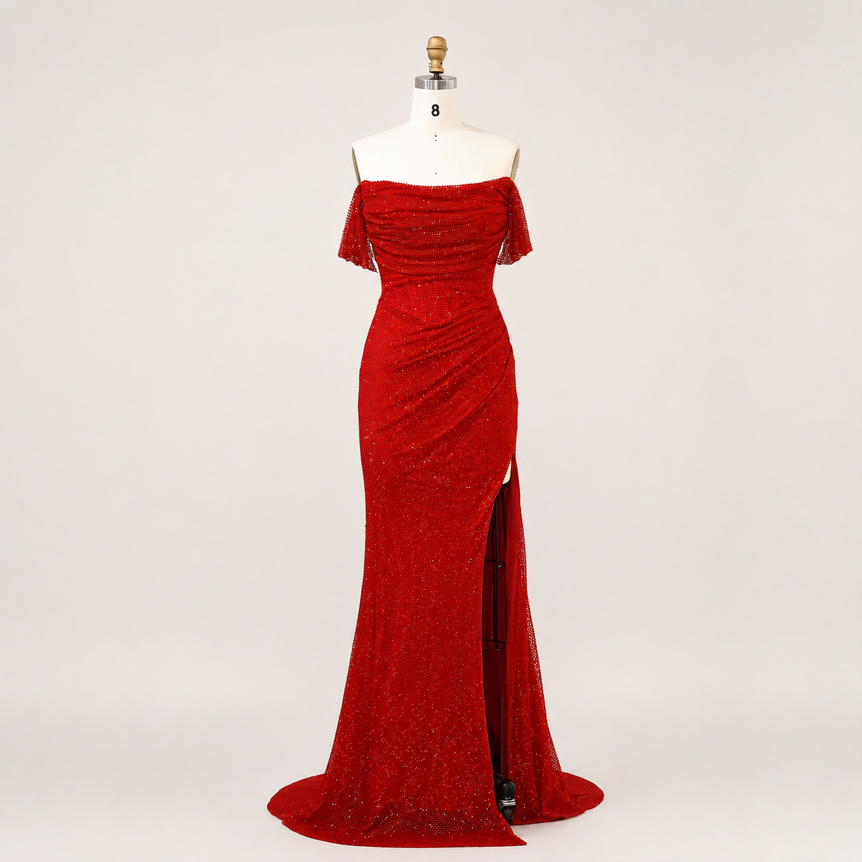 Sparkling Red Off-Shoulder Evening Dress with Side Slit SL162