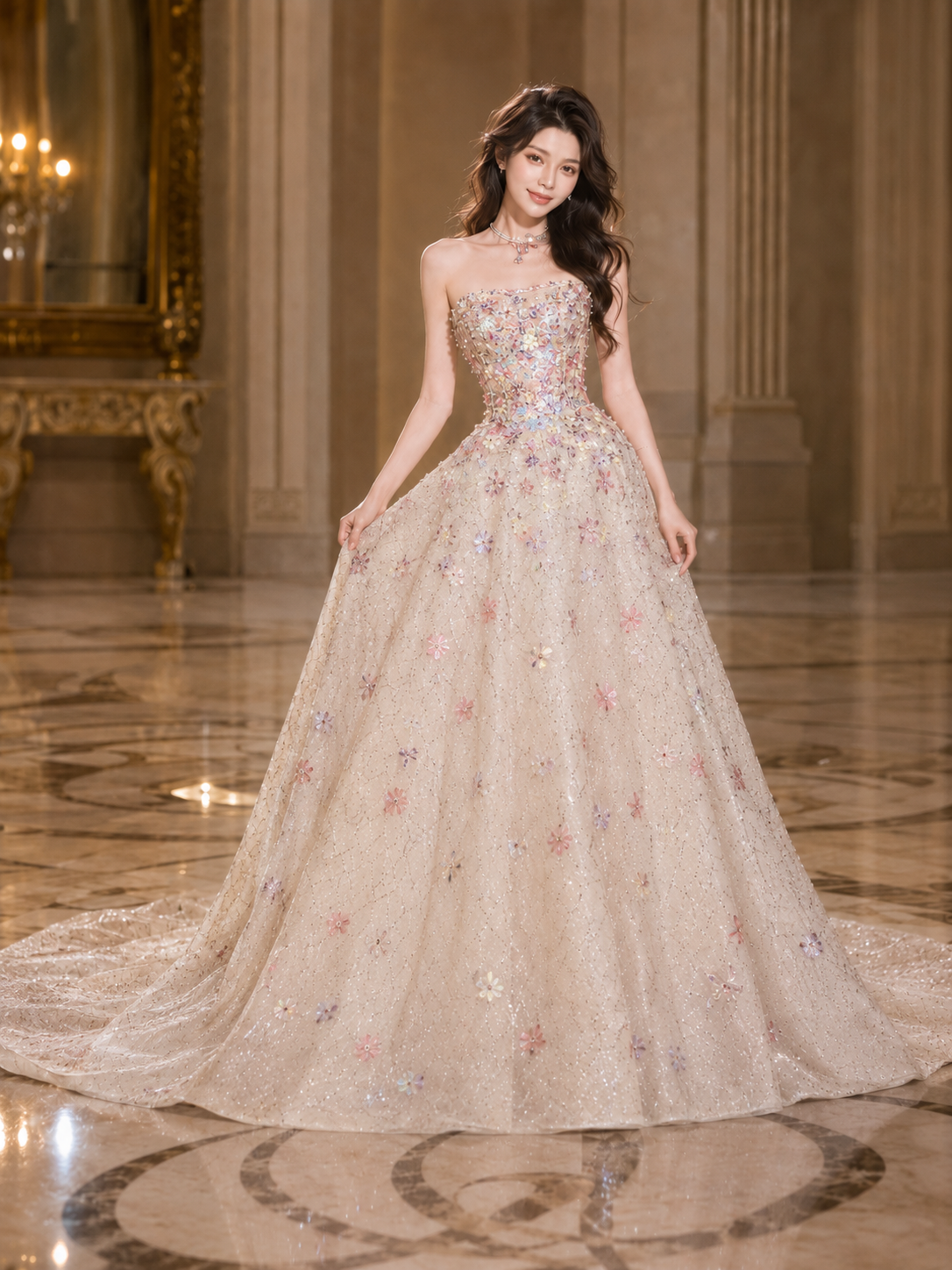 Romantic Strapless Embellished Formal Dress with Train SL163