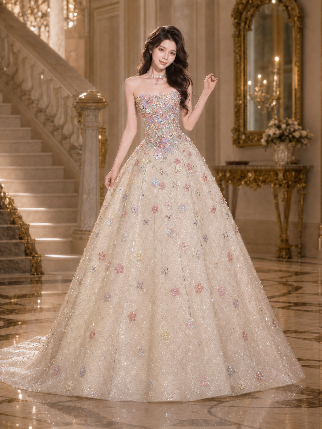 Romantic Strapless Embellished Formal Dress with Train SL163