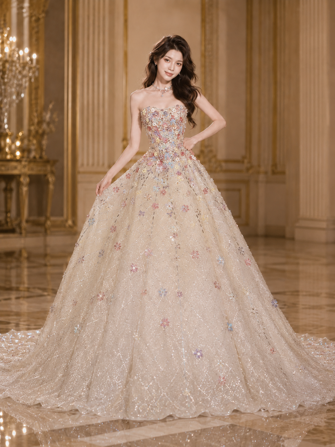 Romantic Strapless Embellished Formal Dress with Train SL163
