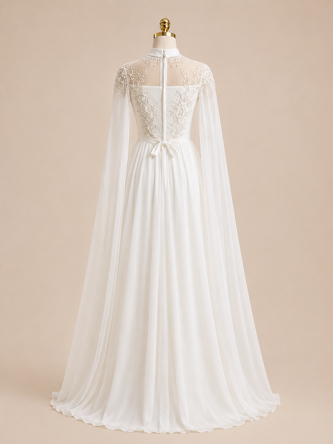 Elegant White Beaded with Cape Sleeves Evening Dress SL164
