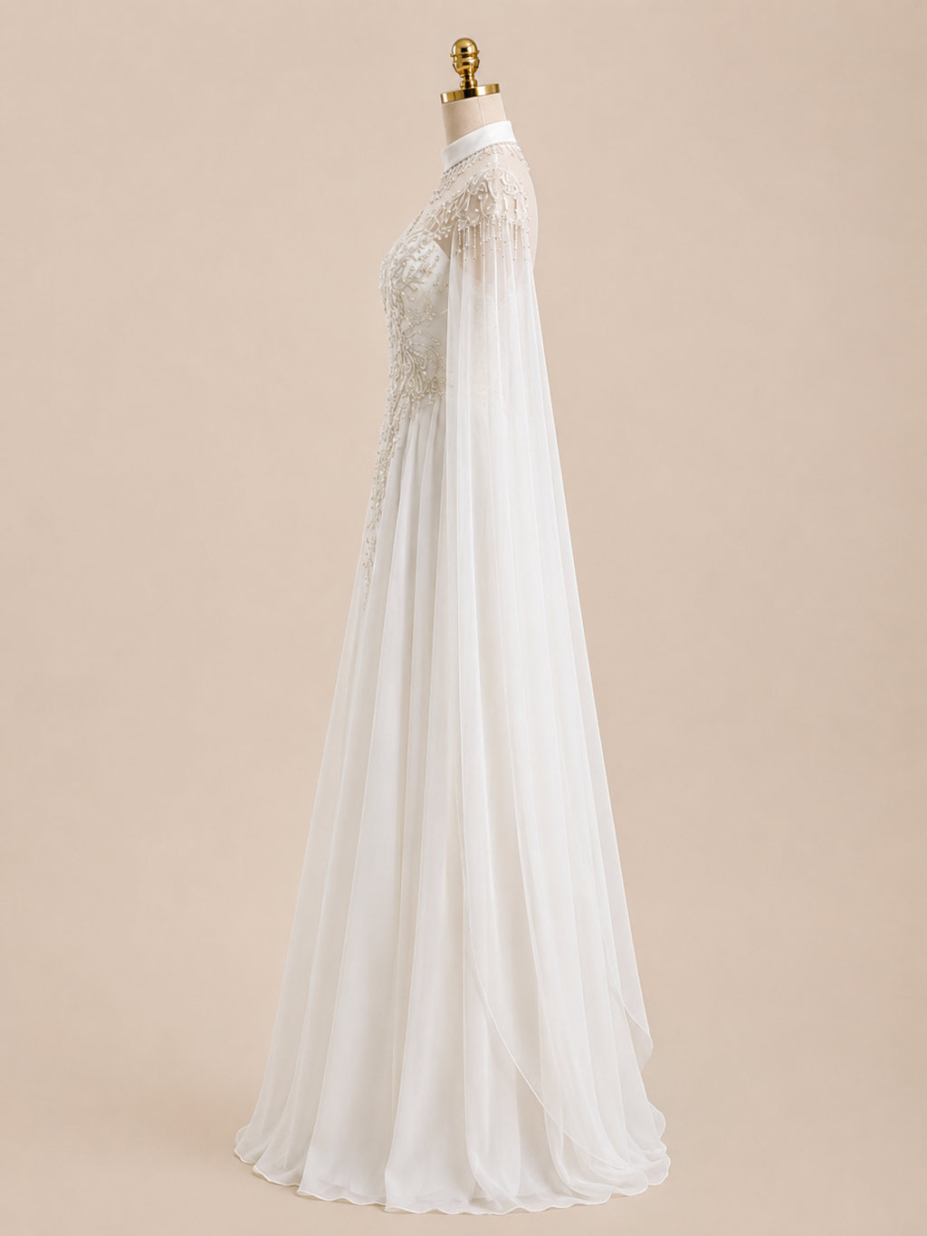 Elegant White Beaded with Cape Sleeves Evening Dress SL164